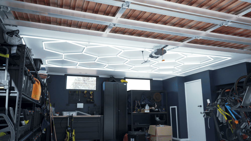 Modern LED garage lighting upgrade with bright ceiling light panels