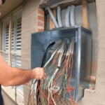 Electrician working on meter box wiring for residential electrical connection