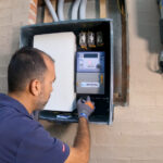Electrician installing and testing a new electrical meter in outdoor meter box