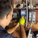 Electrician working on residential meter installation and wiring