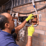Electrician installing meter protection device on switchboard