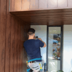 Electrician installing outdoor wall lighting on a residential exterior wall