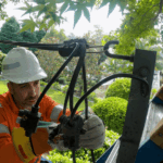 Electrician working on overhead power connection near property roofline