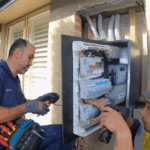 Electricians testing upgraded switchboard and meter panel at residential property