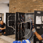 Electricians upgrading a switchboard and meter panel
