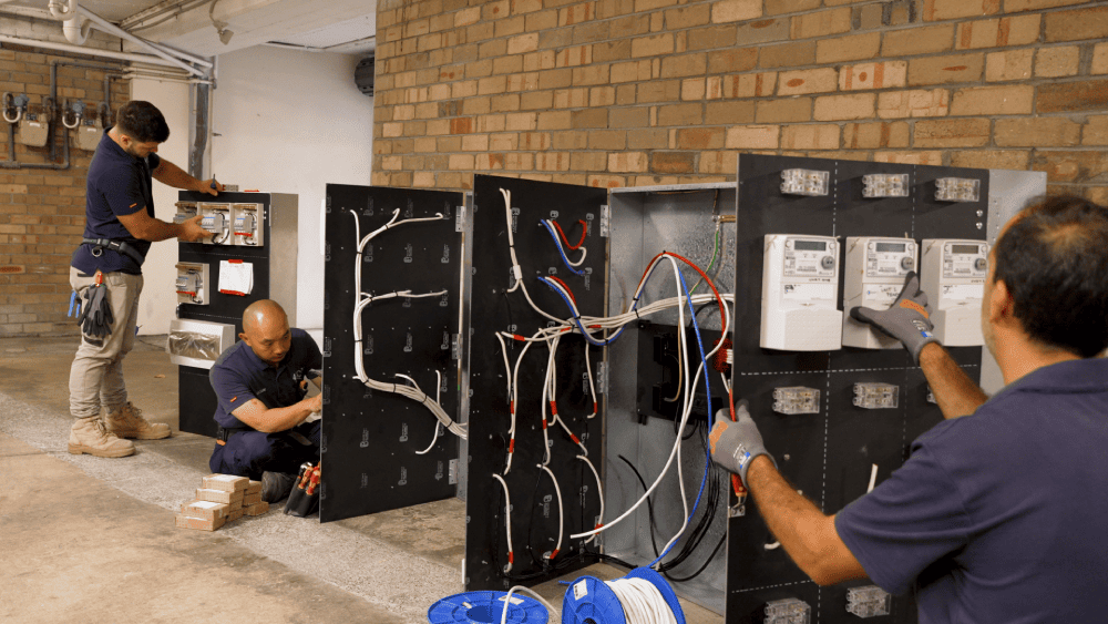 Electricians upgrading a switchboard and meter panel
